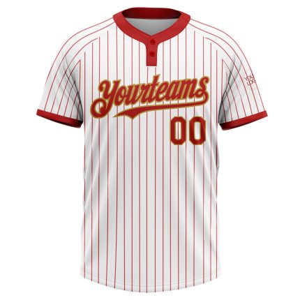 Custom Name Number Unisex Softball Jersey - Personalized White Red Pinstripe Old Gold Two-Button Design Personalized White
