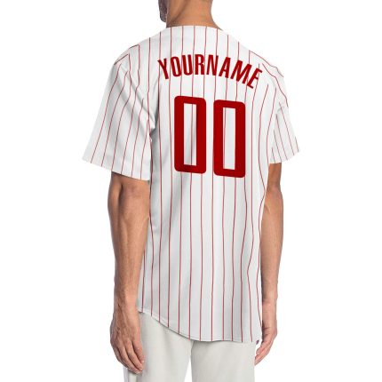 Personalized Red Pinstripe Baseball Jersey - Authentic White Design Personalized White Red Pinstripe Red Authentic Baseball