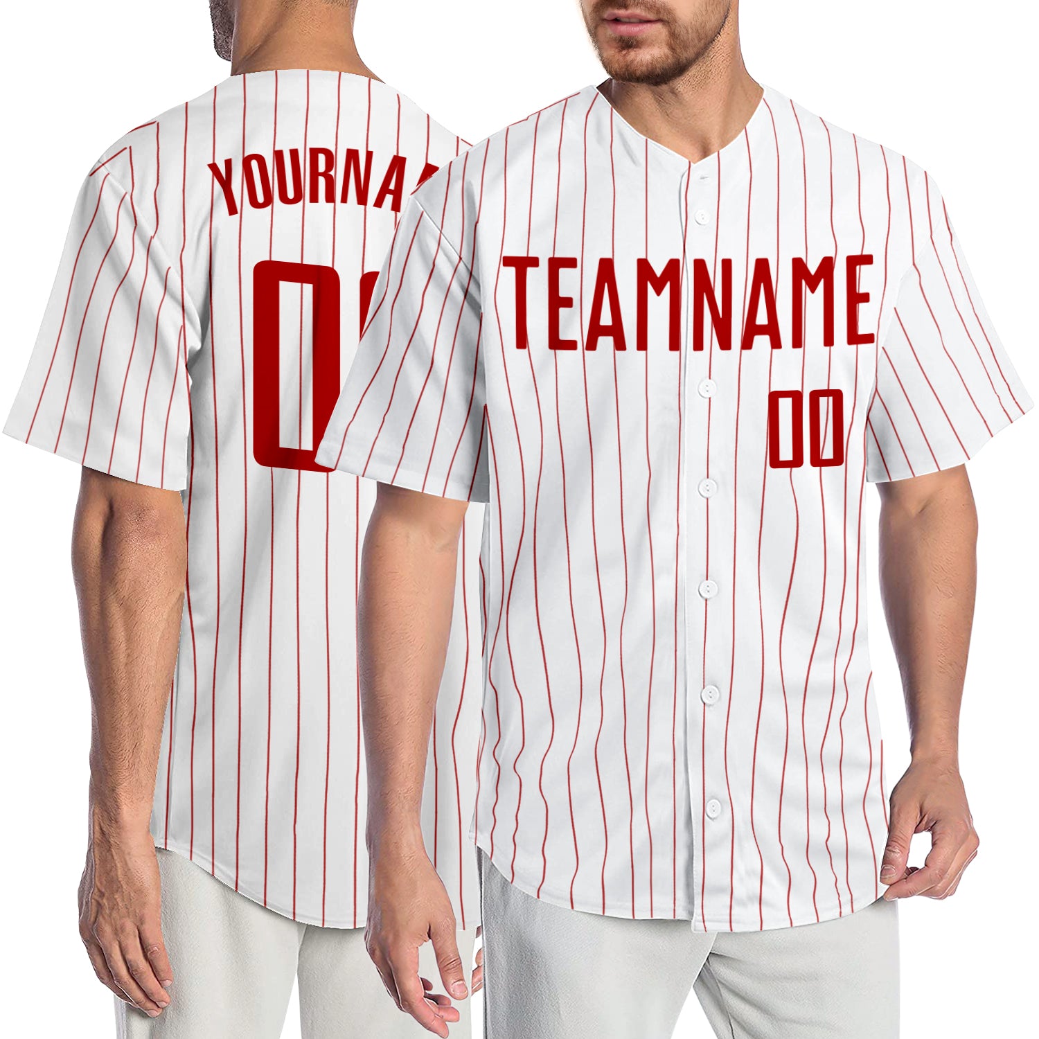 Personalized Red Pinstripe Baseball Jersey - Authentic White Design Personalized White Red Pinstripe Red Authentic Baseball