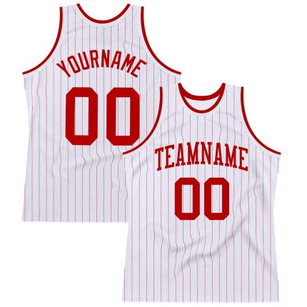 Custom Name and Number Personalized Red White Pinstripe Authentic Basketball Jersey Personalized White Red Pinstripe Red