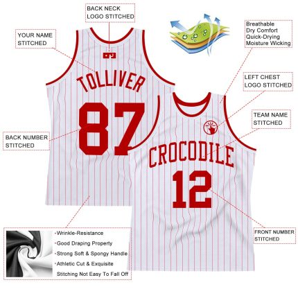 Custom Name and Number Personalized Red White Pinstripe Authentic Basketball Jersey Personalized White Red Pinstripe Red