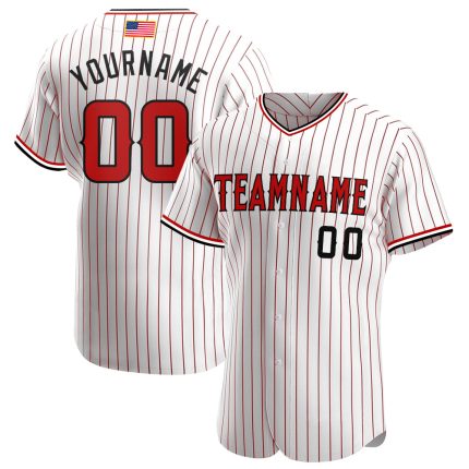 Personalized Authentic American Flag Baseball Jersey | White Red Pinstripe Red-Black Design Personalized White Red Pinstripe