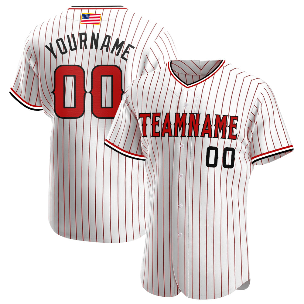 Personalized Authentic American Flag Baseball Jersey | White Red Pinstripe Red-Black Design Personalized White Red Pinstripe