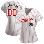 Personalized Red-Black Pinstripe Baseball Jersey - Authentic White and Red Design Personalized White Red Pinstripe Red-Black