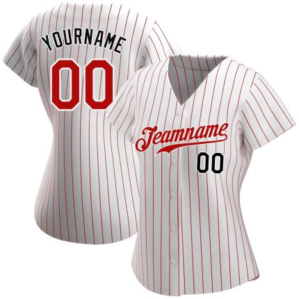 Personalized Red-Black Pinstripe Baseball Jersey - Authentic White and Red Design Personalized White Red Pinstripe Red-Black