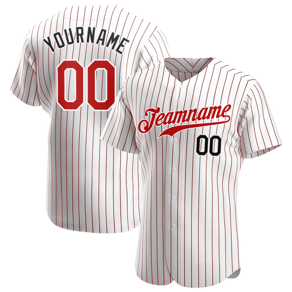Personalized Red-Black Pinstripe Baseball Jersey - Authentic White and Red Design Personalized White Red Pinstripe Red-Black