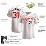 Personalized Red-Black Pinstripe Baseball Jersey - Authentic White and Red Design Personalized White Red Pinstripe Red-Black