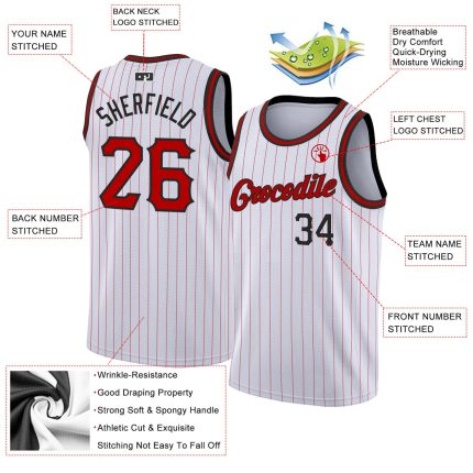 Personalized Red-Black Pinstripe Basketball Jersey - Authentic White Design Personalized White Red Pinstripe Red-Black Authentic