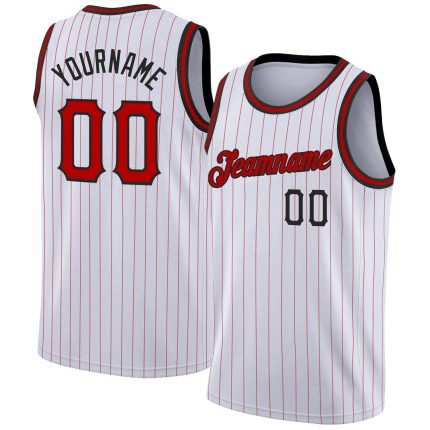 Personalized Red-Black Pinstripe Basketball Jersey - Authentic White Design Personalized White Red Pinstripe Red-Black Authentic
