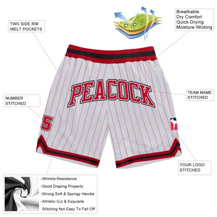 Custom Name Number Personalized Basketball Shorts Red Black White Pinstripe Authentic Team Apparel Personalized White Red
