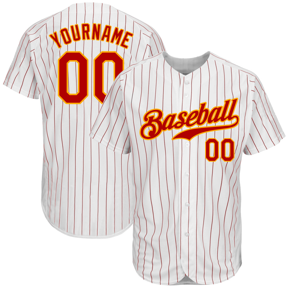 Personalized Red-Gold Authentic Baseball Jersey with White Red Pinstripe Design Personalized White Red Pinstripe Red-Gold