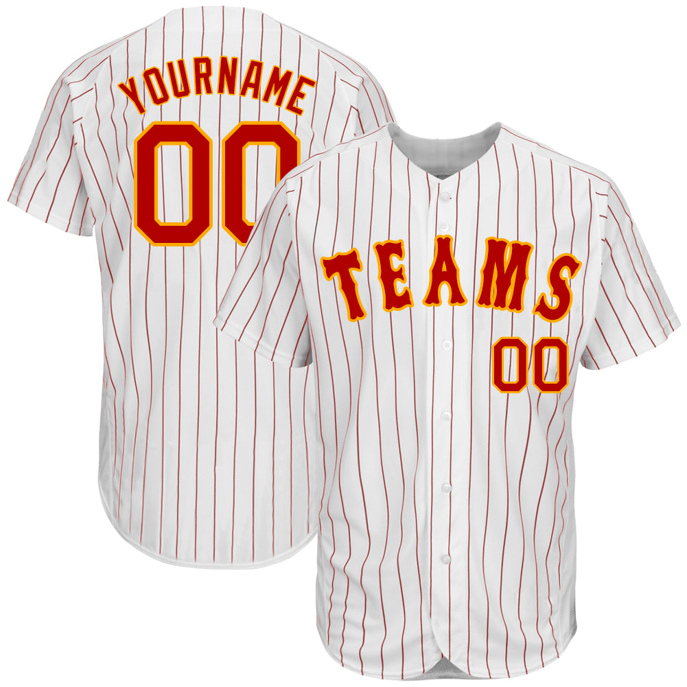 Custom Name Number Personalized Red Gold White Pinstripe Baseball Jersey - Authentic Team Design Personalized White Red Pinstripe