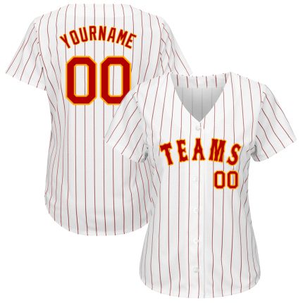 Custom Name Number Personalized Red Gold White Pinstripe Baseball Jersey - Authentic Team Design Personalized White Red Pinstripe
