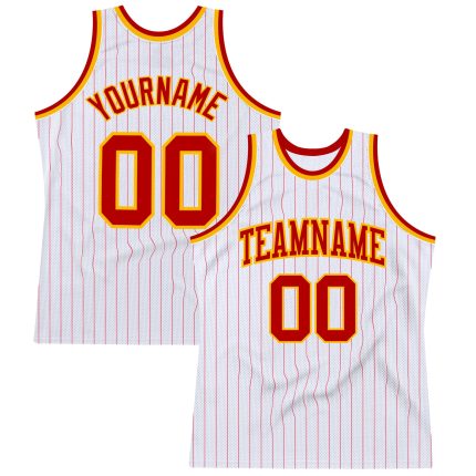 Personalized Red-Gold Basketball Jersey - Authentic White and Red Pinstripe Design Personalized White Red Pinstripe Red-Gold