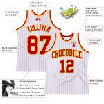 Personalized Red-Gold Basketball Jersey - Authentic White and Red Pinstripe Design Personalized White Red Pinstripe Red-Gold