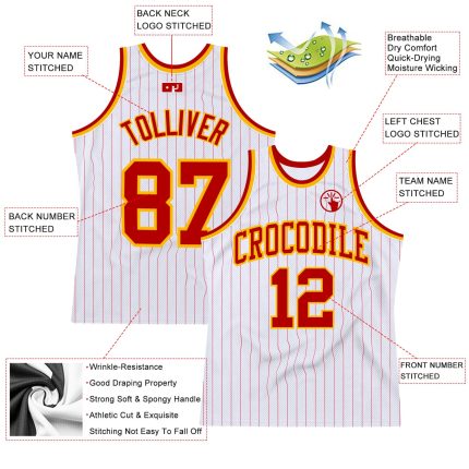 Personalized Red-Gold Basketball Jersey - Authentic White and Red Pinstripe Design Personalized White Red Pinstripe Red-Gold