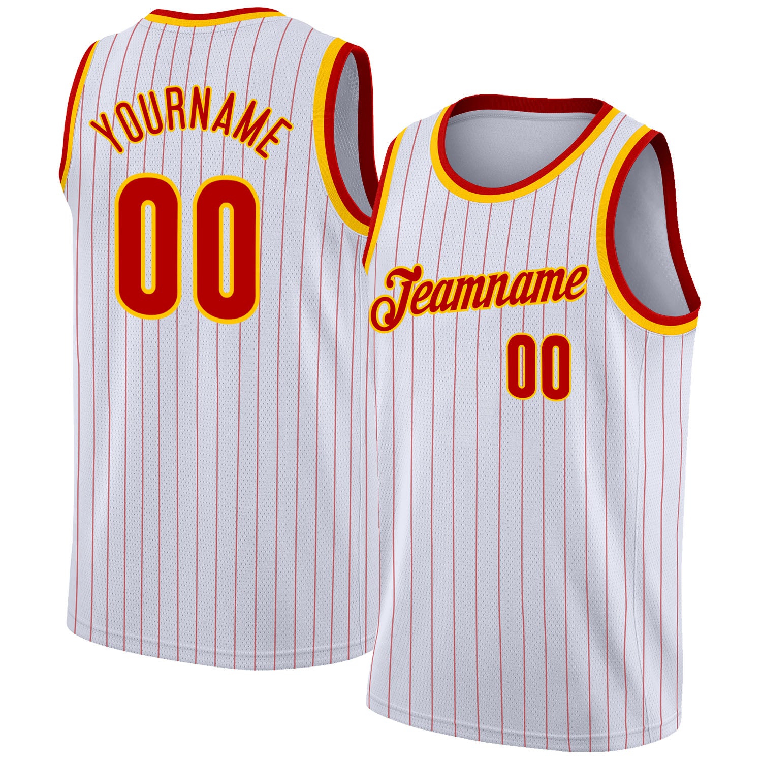 Custom Personalized Red-Gold Basketball Jersey with White and Red Pinstripes - Team Name and Number Personalized White Red