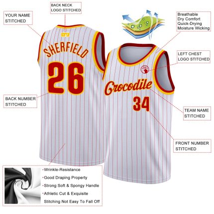 Custom Personalized Red-Gold Basketball Jersey with White and Red Pinstripes - Team Name and Number Personalized White Red