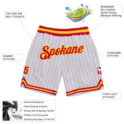 Custom Team Basketball Shorts with Personalized Name and Number, Authentic Red-Gold White Red Pinstripe Design Personalized