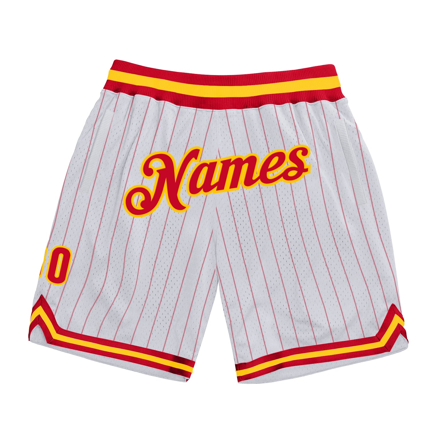Custom Team Basketball Shorts with Personalized Name and Number, Authentic Red-Gold White Red Pinstripe Design Personalized