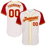 Custom Personalized Baseball Jersey with Red-Gold Pinstripes, Raglan Sleeves | Team Name & Number Included Personalized White