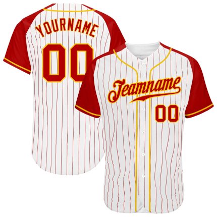 Custom Personalized Baseball Jersey with Red-Gold Pinstripes, Raglan Sleeves | Team Name & Number Included Personalized White
