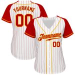 Custom Personalized Baseball Jersey with Red-Gold Pinstripes, Raglan Sleeves | Team Name & Number Included Personalized White