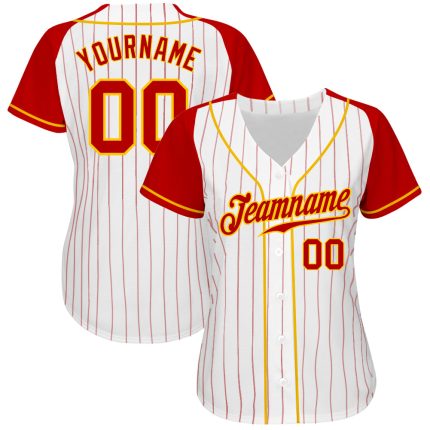 Custom Personalized Baseball Jersey with Red-Gold Pinstripes, Raglan Sleeves | Team Name & Number Included Personalized White
