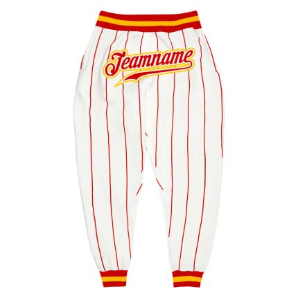 Custom Team Sports Pants with Personalized Name and Number, Red-Gold Pinstripe Design, White and Red Personalized White Red