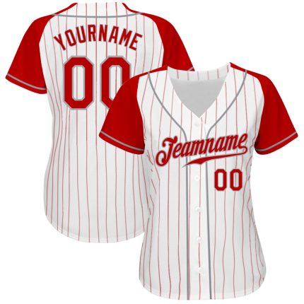 Custom Name Number Personalized Baseball Jersey Red Gray White Pinstripe Authentic Raglan Sleeves Personalized White Red
