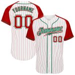 Custom Name and Number Personalized Baseball Jersey Red-Kelly Green Pinstripe Raglan Sleeves Authentic Personalized White