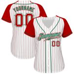 Custom Name and Number Personalized Baseball Jersey Red-Kelly Green Pinstripe Raglan Sleeves Authentic Personalized White