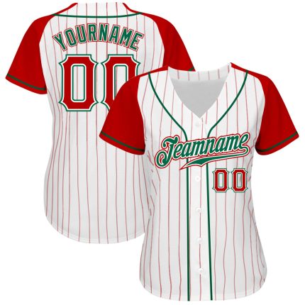 Custom Name and Number Personalized Baseball Jersey Red-Kelly Green Pinstripe Raglan Sleeves Authentic Personalized White