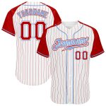 Custom Name and Number Red-Light Blue Authentic Baseball Jersey with Personalized White and Red Pinstripe Raglan Sleeves