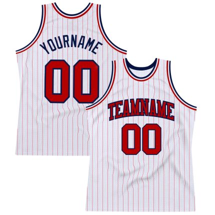 Custom Red-Navy Basketball Jersey with Personalized Name and Number - Authentic White Red Pinstripe Design Personalized White
