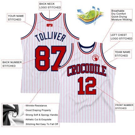 Custom Red-Navy Basketball Jersey with Personalized Name and Number - Authentic White Red Pinstripe Design Personalized White