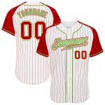 Custom Name Number Personalized Red Neon Green Baseball Jersey with White Red Pinstripe Raglan Sleeves Personalized White
