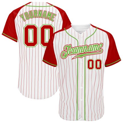 Custom Name Number Personalized Red Neon Green Baseball Jersey with White Red Pinstripe Raglan Sleeves Personalized White