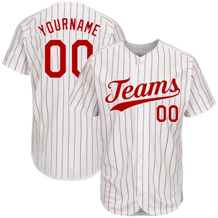 Personalized Red-White Authentic Baseball Jersey with White Red Pinstripe Design Personalized White Red Pinstripe Red-White