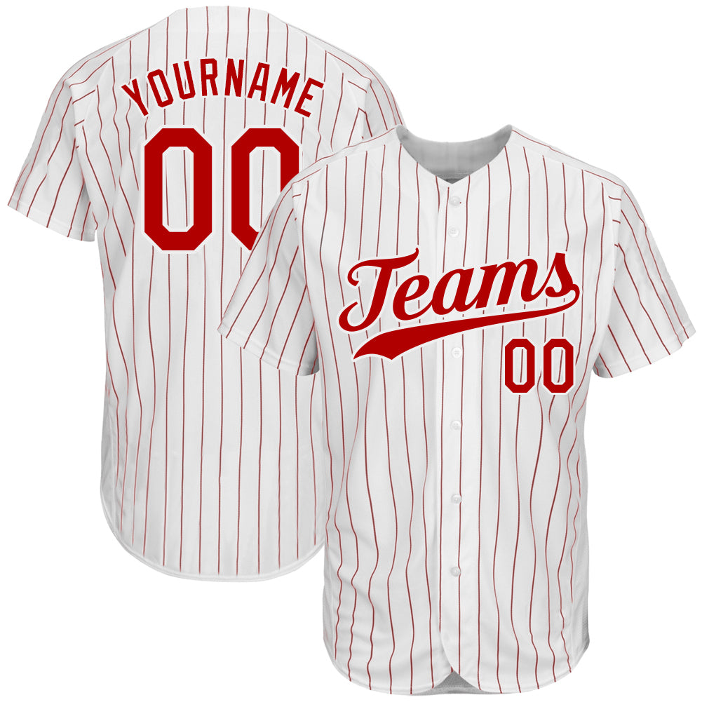 Personalized Red-White Authentic Baseball Jersey with White Red Pinstripe Design Personalized White Red Pinstripe Red-White