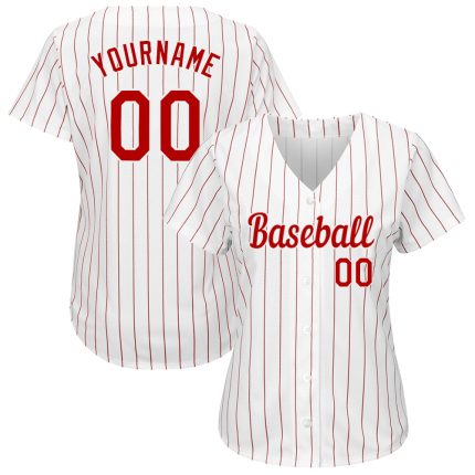 Custom Red-White Pinstripe Baseball Jersey with Personalized Name & Number - Authentic Team Apparel Personalized White Red