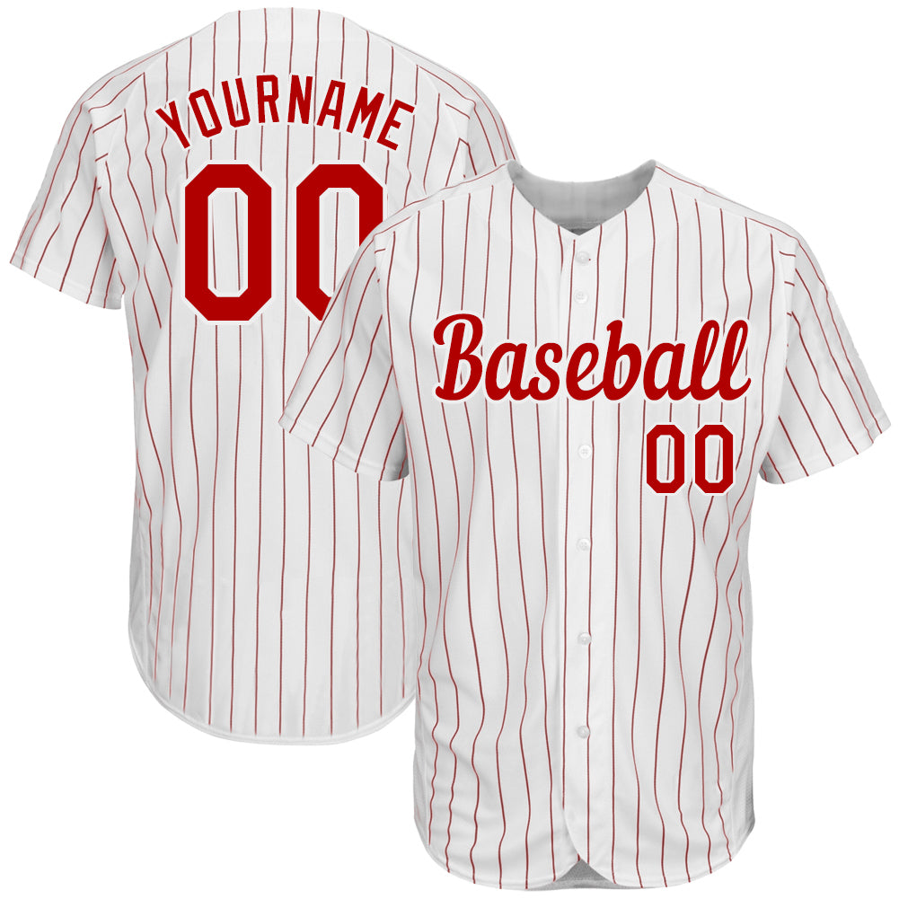 Custom Red-White Pinstripe Baseball Jersey with Personalized Name & Number - Authentic Team Apparel Personalized White Red