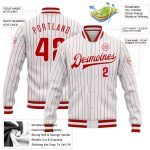 Custom Team Name Number Red White Pinstripe Bomber Varsity Full-Snap Jacket for Men and Women Personalized White Red Pinstripe
