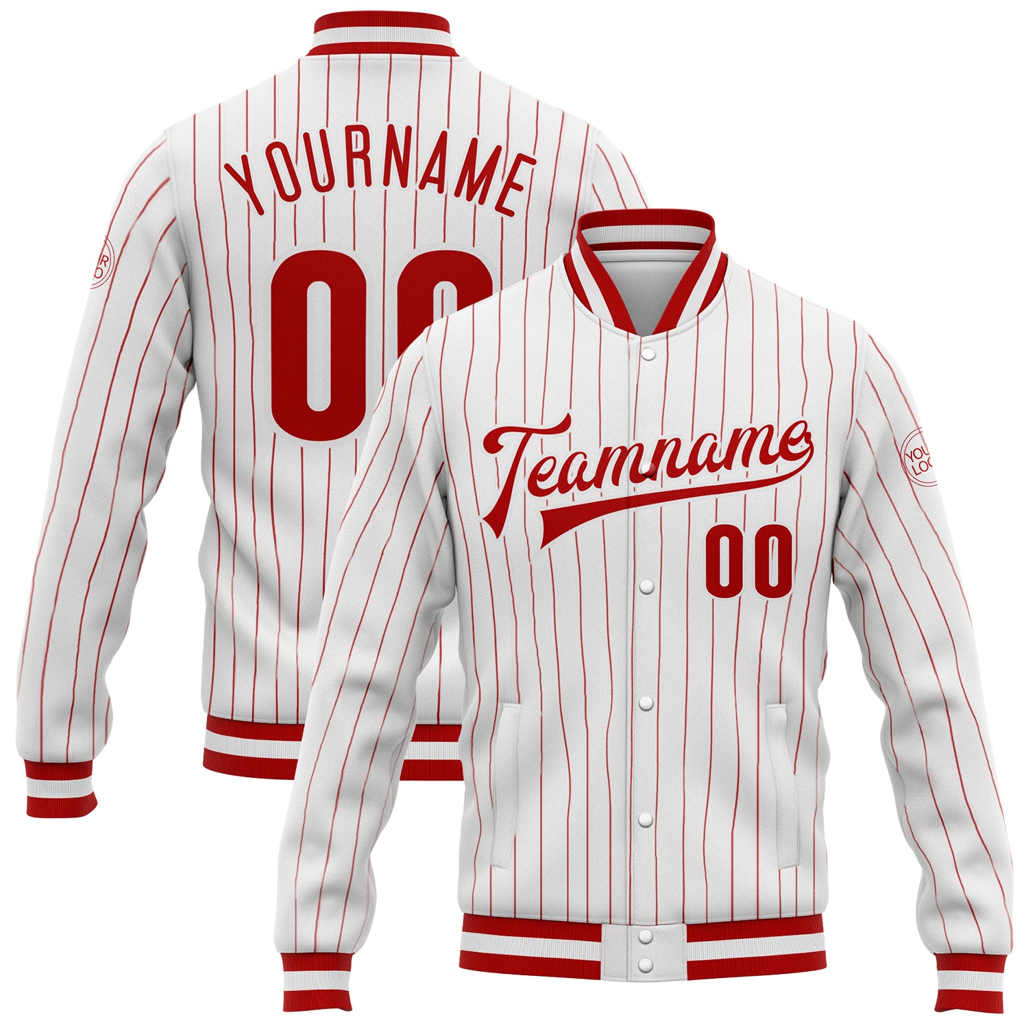 Custom Team Name Number Red White Pinstripe Bomber Varsity Full-Snap Jacket for Men and Women Personalized White Red Pinstripe
