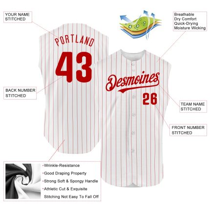 Custom Name Number Personalized Baseball Jersey Red White Pinstripe Sleeveless Authentic Team Personalized White Red Pinstripe