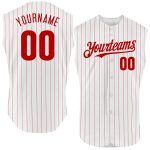 Custom Name Number Personalized Baseball Jersey Red White Pinstripe Sleeveless Authentic Team Personalized White Red Pinstripe