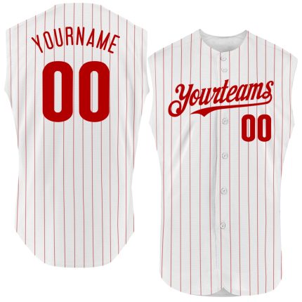 Custom Name Number Personalized Baseball Jersey Red White Pinstripe Sleeveless Authentic Team Personalized White Red Pinstripe