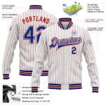 Personalized Red White Pinstripe Bomber Varsity Letterman Jacket - Full-Snap Design Personalized White Red Pinstripe Royal