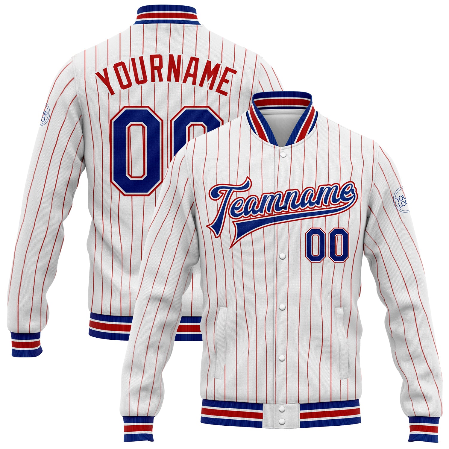 Personalized Red White Pinstripe Bomber Varsity Letterman Jacket - Full-Snap Design Personalized White Red Pinstripe Royal