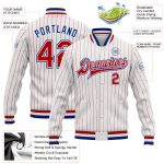 Custom Name Number Personalized Varsity Letterman Jacket Red White Pinstripe Bomber Full-Snap Team Apparel Personalized White